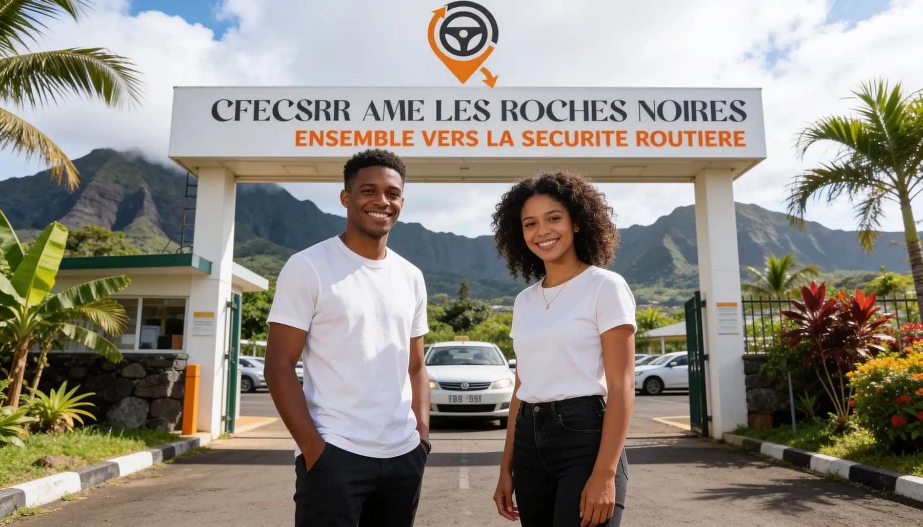 Deux membres de l'équipe devant l'entrée du centre CFE CSRR AME Les Roches Noires