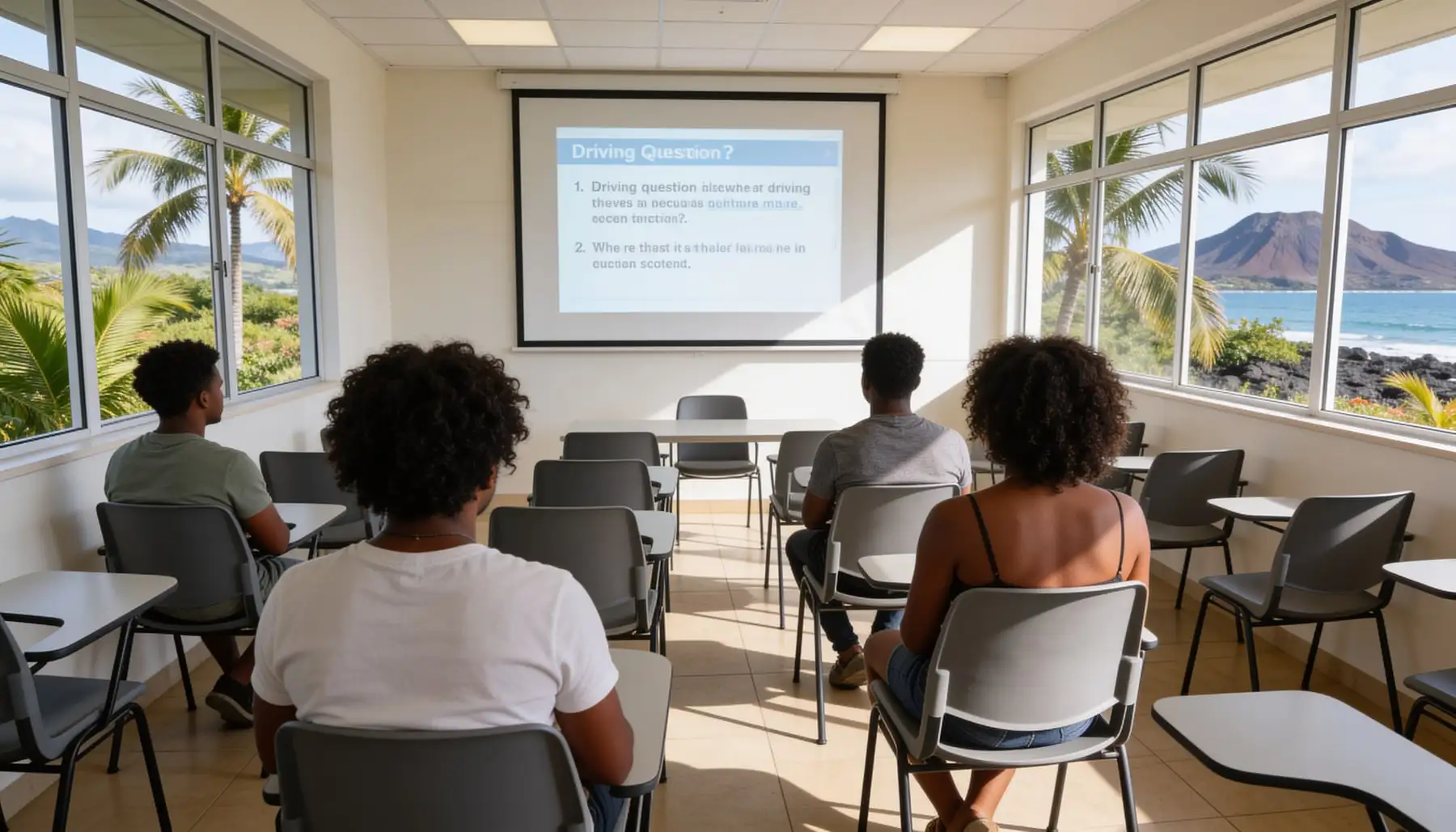 Salle de formation au code de la route, écran de projection allumé