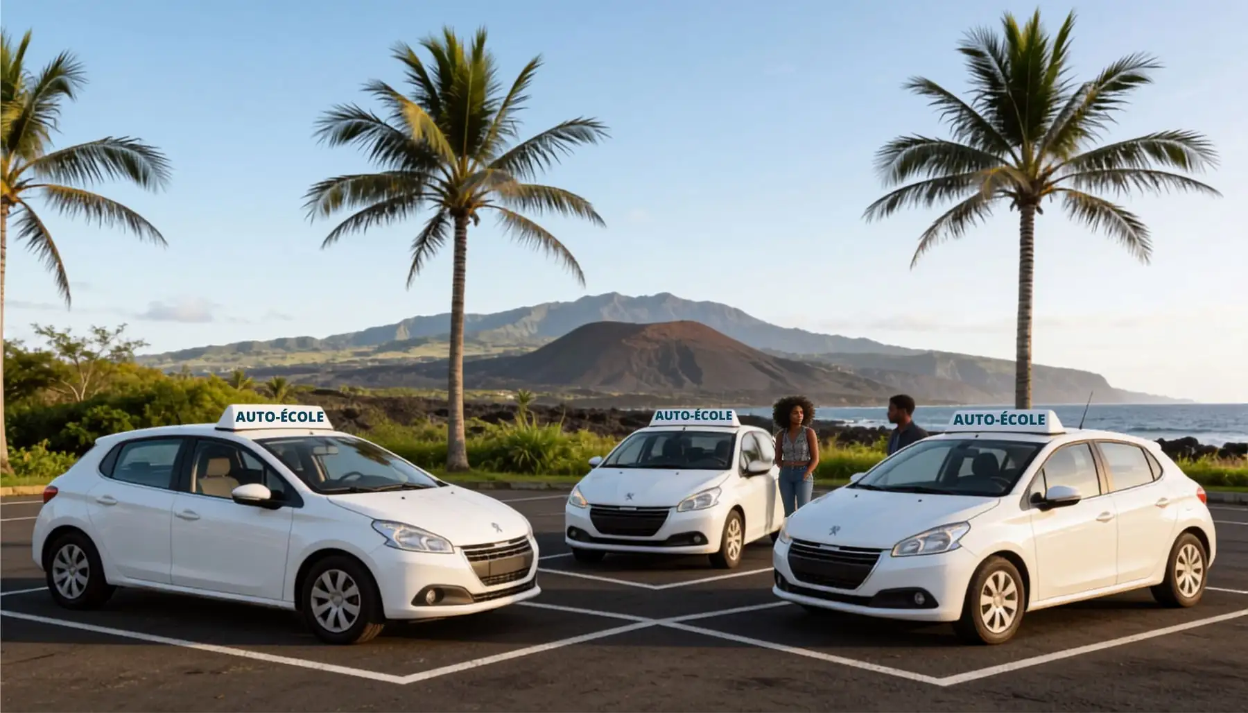 Véhicules d'auto-école garés face au relief volcanique de La Réunion